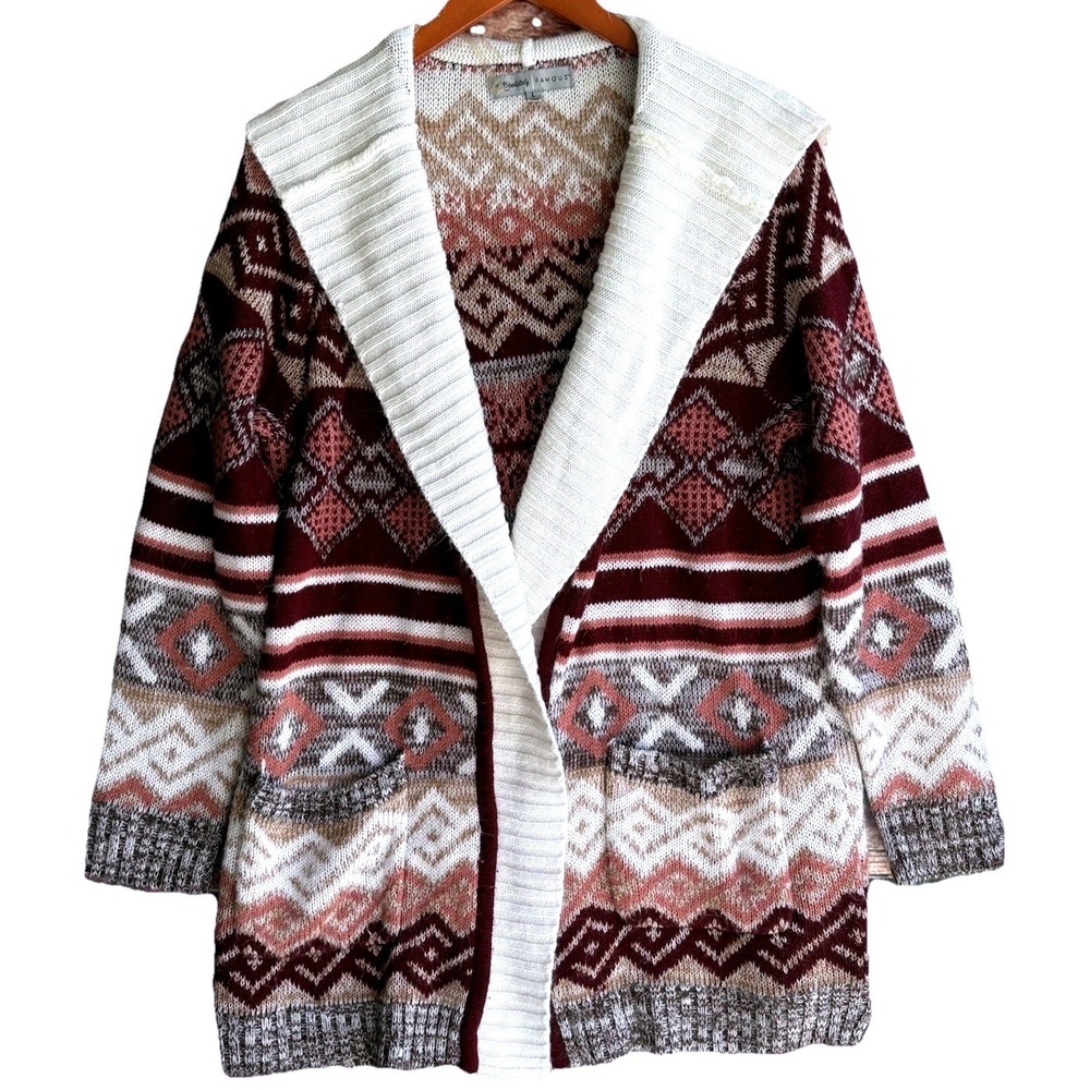 Absolutely Famous Aztec Print Open Front Hooded‎ Cardigan Women's L Pockets